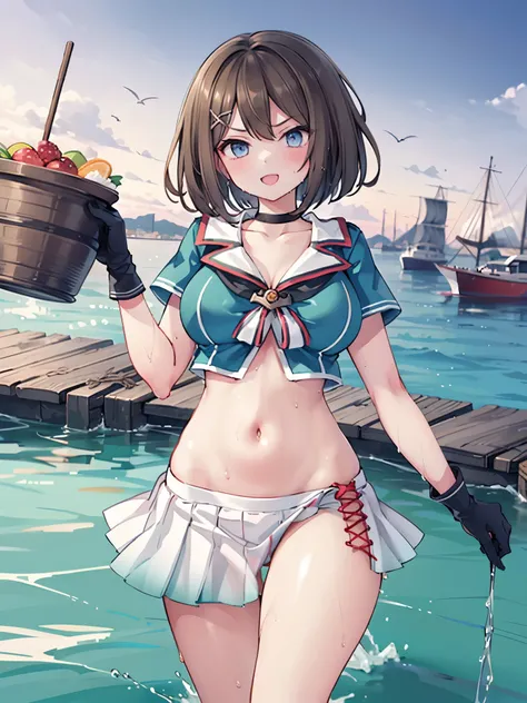 1young_teen_ girl, , brown_hair, medium_bob_hair, blue_midriff_baring_sailor_uniform, mini_skirt, short_sleeve, thighs, gigantic_breasts, angry, smile,nihil,standing, harbor_background, slightly_spread_Legs, happiness, short_gloves, wet,,covered_nipples, c...
