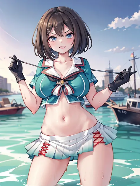 1young_teen_ girl, , brown_hair, medium_bob_hair, blue_midriff_baring_sailor_uniform, mini_skirt, short_sleeve, thighs, gigantic_breasts, angry, smile,nihil,standing, harbor_background, slightly_spread_Legs, happiness, short_gloves, wet,,covered_nipples, c...