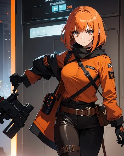 Magnificent, une fille, manga, agressive, regard hypnotisant, Magnificent, cyberpunk dressed, Mad Max, in the desert, apocalypse, sexy, badass, aesthetic, orange and black colors