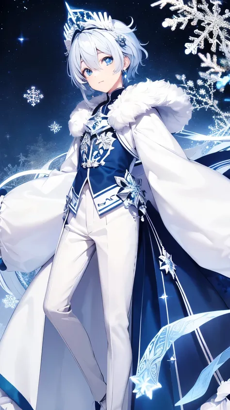 young man, Moa sleeves, And the snowflake headdress, Short white hair with blue hair at the ends, Smooth and light white skin, Focus on clothes, Snowflake earring decoration, soft skin