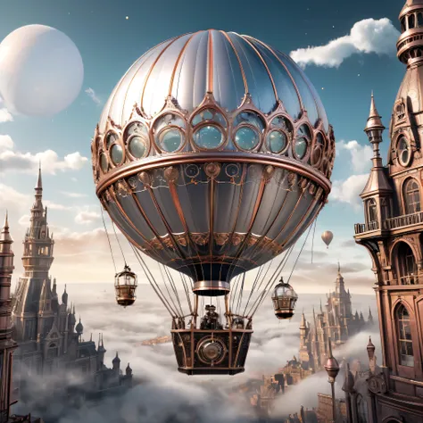 super detailed, top quality, 8k, steampunk hot air balloon in silver color, manga, illustration, gothic architectural landscape,...