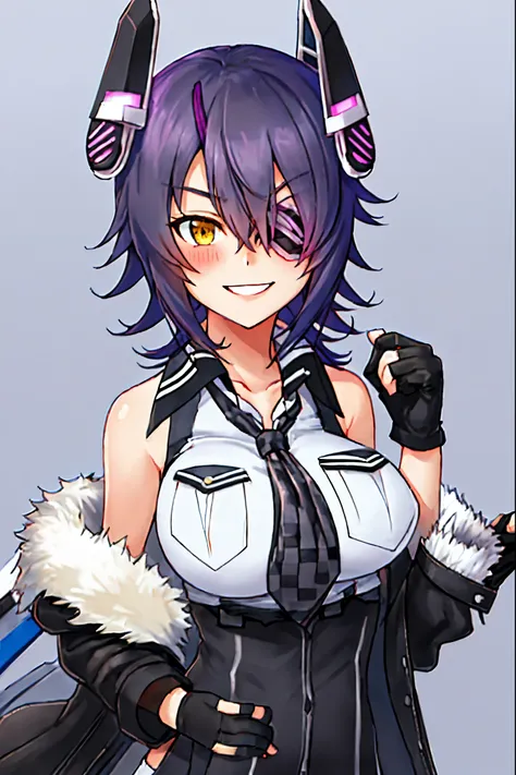 best quality, masterpiece, solo, {tenryuu_kantaicollection:1.15}, teen_girl, eyepatch, short_hair, purple_hair, yellow_eyes, headgear, breasts, necktie, big_breasts, smile, 1girl, blush, checkered_necktie, hair_over_one_eye, shirt, portrait, white_shirt, j...