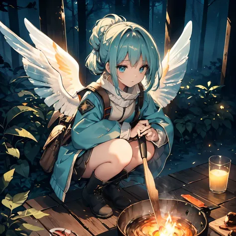 high quality, masterpiece, Delicate hair, Delicate eyes, Delicate hair, ((masterpiece, 最high quality)), high quality, masterpiece, Delicate hair, Delicate eyes, One girl,Highly detailed anime illustration of a blue-haired angel girl cooking outdoors, cyan ...