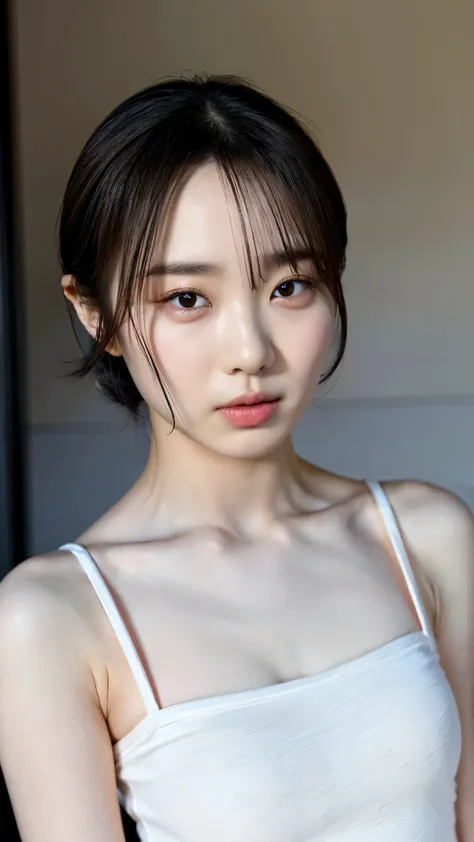 ((Petite women, Sensual woman, No makeup, 柔らかい笑face)), (((Small eyes, length, Narrow eyes, Black Hair, Short Bob Hair))), (Full body portrait, Short Hair, Large Breasts, Wearing a white T-shirt, Protruding nipples, Thick pubic hair), White skin, Glossy pal...