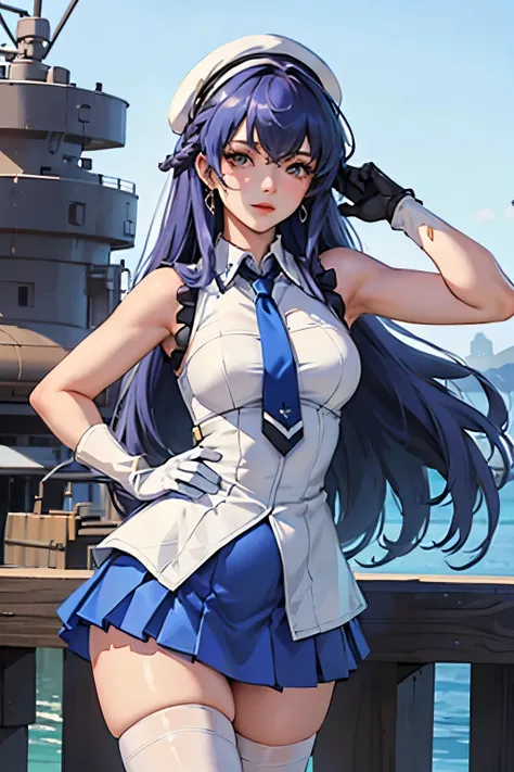 ((best quality)), ((masterpiece)), ((1girl)), solo, Ferry, ((long hair)), FerryBase, ((thighhighs)), bare shoulders, ((jewelry)), ((sleeveless)), white dress, blue skirt, ((gloves)), thigh-high