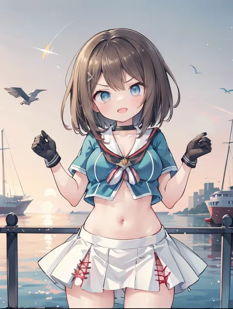 best quality, integrated scenery, integrated background, extremely delicate and beautiful, meticulous details, good composition, , cute face, perfect face, perfect hands,an anime style  ,1young_teen_ girl, , brown_hair, medium_bob_hair, blue_midriff_baring...