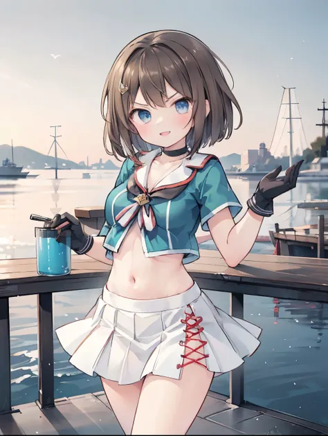 best quality, integrated scenery, integrated background, extremely delicate and beautiful, meticulous details, good composition, , cute face, perfect face, perfect hands,an anime style ,1young_teen_ girl, , brown_hair, medium_bob_hair, blue_midriff_baring...