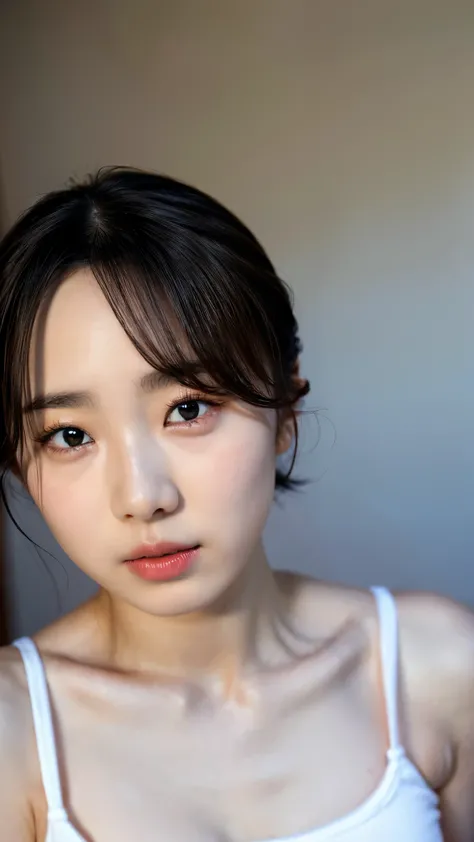((Petite women, Sensual woman, No makeup, 柔らかい笑face)), (((Small eyes, length, Narrow eyes, Black Hair, Short Bob Hair))), (Full body portrait, Short Hair, Large Breasts, Wearing a white T-shirt, Protruding nipples, Thick pubic hair), White skin, Glossy pal...