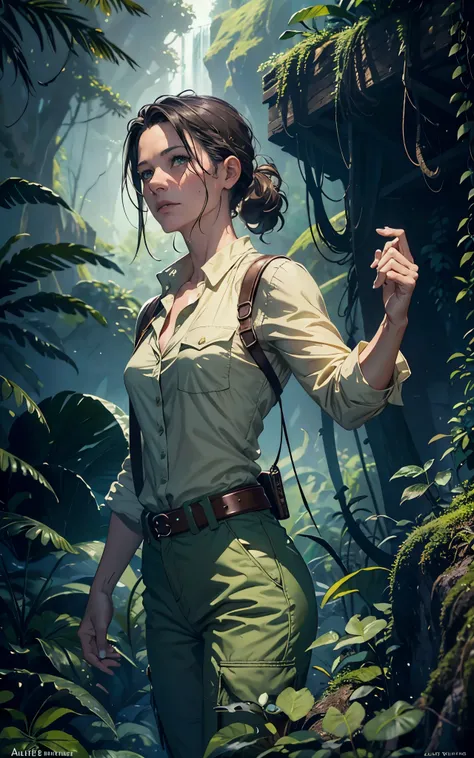 (Evangeline Lilly:Alicia Vikander) ponytail, Explorer in the jungle, white shirt, green jacket, beige cargo pants, year 1925, Lovecraft atmosphere, dark atmosphere, masterpiece, hyperdetailed, trending on artstation, sharp focus, golden ratio, 4k resolutio...