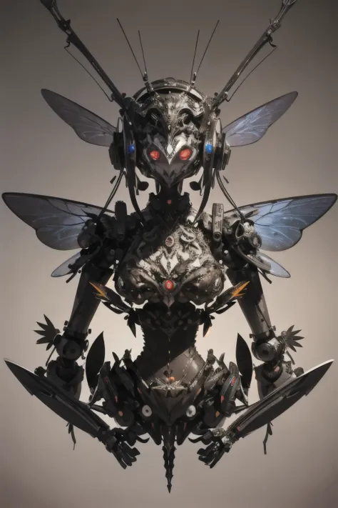 a robotic moth, made of black metal, intricate like a marionnette or puppet