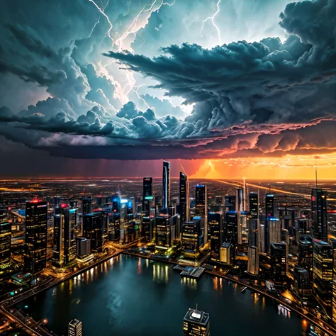 Sci-fi city surrounded by storm clouds at sunset  (reverse:1) 