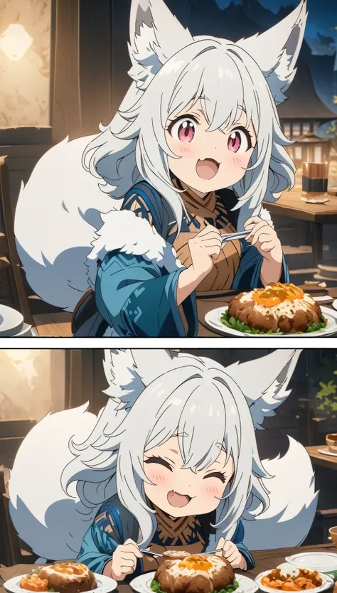 (masterpiece:1.2), (Best Quality:1.2), Ultra-high resolution, Very detailed, Fox Tribe Girl, silver hair, Otherworldly fantasy, Fluffy tail, cute, meal, delicious, Happiness, Digital anime art,Flat comic color