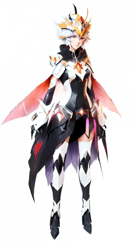 a woman in a black and white outfit with a cape, attractive matoi ryuko, albedo from the anime overlord, full body concept, with cape, full body white purple cloak, mecha anthropomorphic penguin, symphogear, ryuko matoi, gurren lagan, r/art, r / art, r /ar...