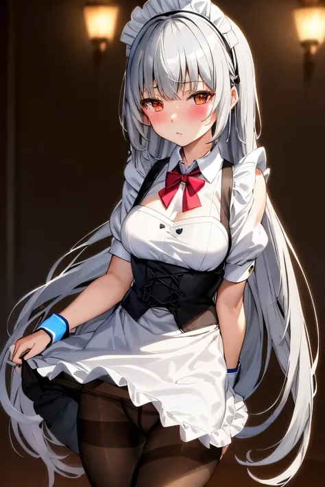 (Best Quality:1.2),  Alone、Luminous Valentine,Silver Hair、Long Hair、(blush:1.1), Embarrassing, View your viewers、((Maid uniform))、((pantyhose))、、(Black Panties)