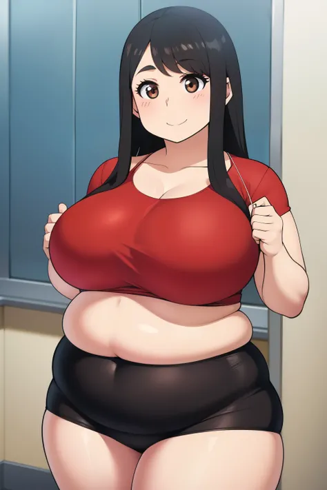 Plump year 21 big breasts black hair brown eyes happy longer hair smile blushing