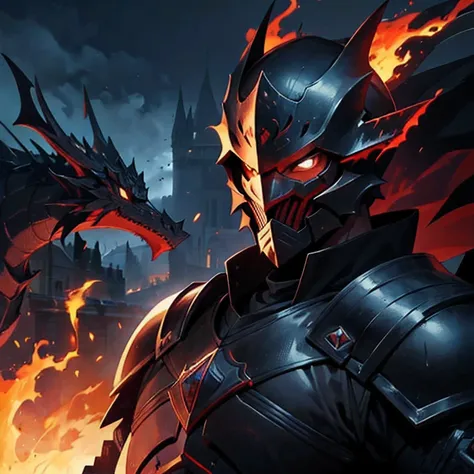 Black knight, man, cool, fire, dragon, castle, beautiful, war, beautiful face,