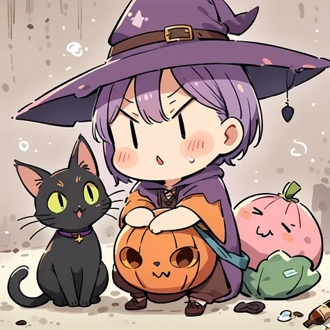 Black cat with witch, black cat, purple witch hat, 