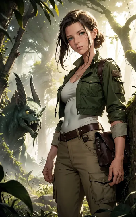 (Evangeline Lilly:Alicia Vikander) ponytail, Explorer in the jungle, white shirt, green jacket, beige cargo pants, year 1925, Lovecraft atmosphere, dark atmosphere, masterpiece, hyperdetailed, trending on artstation, sharp focus, golden ratio, 4k resolutio...