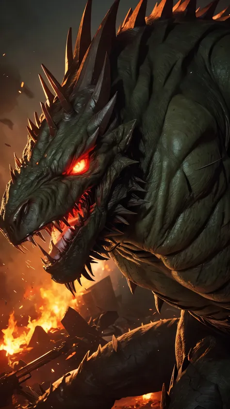 「A fully humanized version of Deviljho, with an intimidating, massive build and a constant, hungry look in his glowing red eyes. His hair is dark and unkempt, and his expression is filled with endless rage and hunger. His outfit is rugged and torn, giving ...