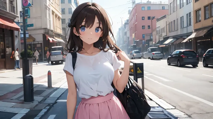 "An 1 girl with brown hair that falls to her shoulders in soft waves. His blue eyes shine brightly, highlighting her youthful and confident expression. Her figure is slim, but with large breasts that stand out under a tight white t-shirt. She wears a pink ...