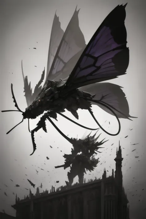 a giant robotic moth, made of black metal, intricate yet imposing, built for war