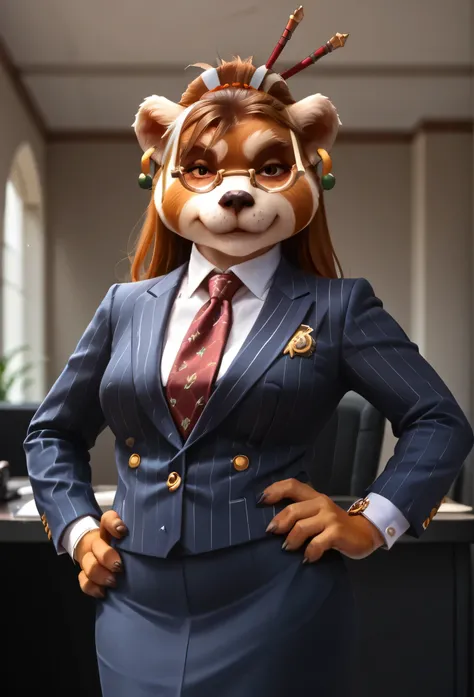 score_9, score_8_up, score_7_up, score_6_up, score_5_up, score_4_up, 1girl, breasts, furry, animal ears, brown hair, brown eyes, earrings, jewelry, hair ornament, glasses, hair stick, three-piece suit, skirt, 1girl, formal, jewelry, suit, red striped neck...