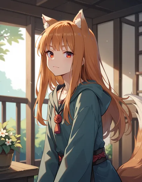 score_9, score_8_up, score_7_up, score_6_up, holo, 1girl, wolf ears, long hair, solo, red eyes, ginger hair, wolf tail,