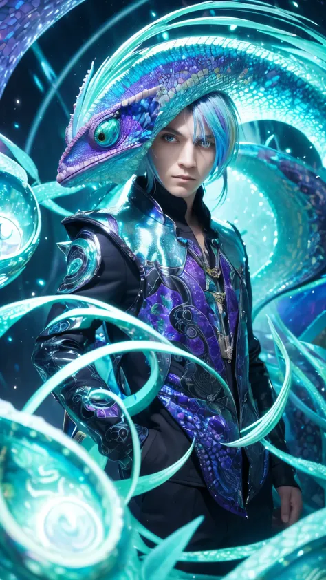 「A fully humanized version of Chameleos, with shifting, iridescent hair that reflects the colors around him, and sly, calculating eyes. His outfit is mysterious, with flowing, chameleon-like patterns that blend into the environment. His expression is misch...