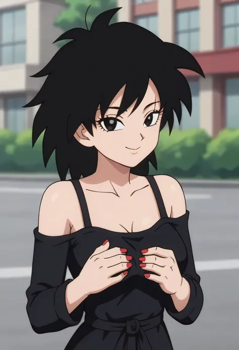 source_anime, score_9, score_8_up, score_7_up, anime screencap, absurd res, official style, gine, 1girl, solo, breasts, looking at viewer, black hair, long sleeves, arms by side, upper body, outdoors, blurry, black eyes, happy, blurry background, spiked ha...