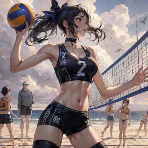  masterpiece, (textured skin), best quality, gorgeous beautiful girl, (a female beach volleyball  athlete), detailed clothes,large breasts,narrow waist,, (beautiful face), cinematic lighting, (at beach volleyball venue ),