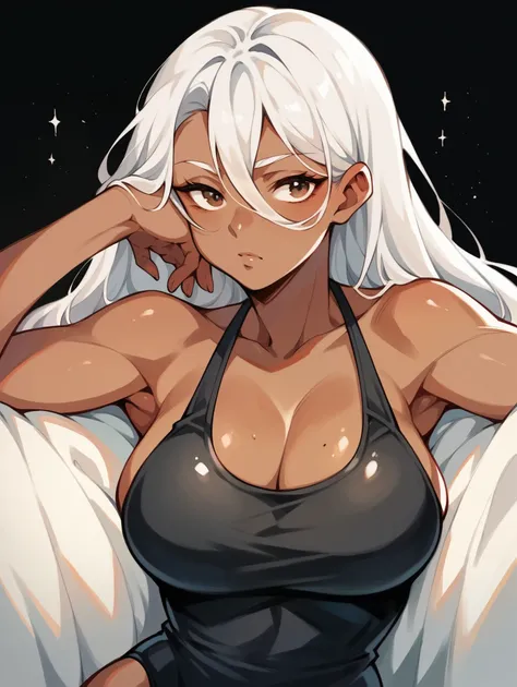 score_9, score_8_up, score_7_up, score_6_up, score_5_up, score_4_up, 1 girl, Alone, watercolor(medium), white hair, Dark brown skin, large breasts, Lazy,  Black swimsuit,Works by top portrait painters, Black background.