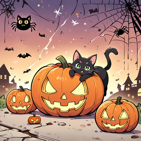 Black cat in Halloween pumpkin, spider, spider web, 