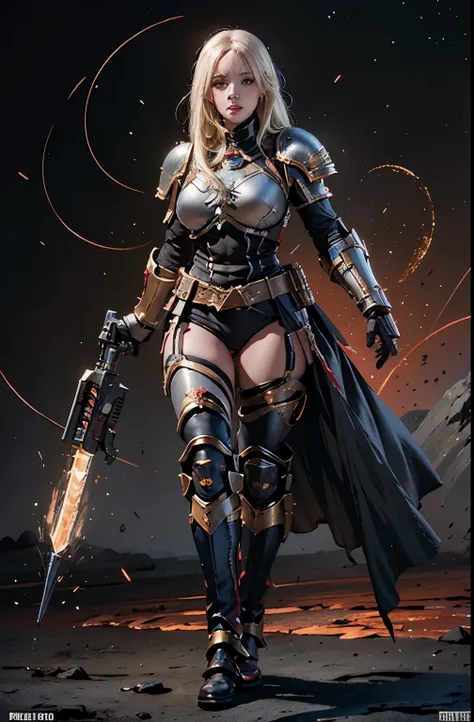 dynamic angle, full body view, realistic, female space marine, blonde hair, armored, pelvic curtain, thighs, warhammer 40k, beautiful eyes, blush, looking at viewer, bright particles, darkness, bright red particles, black theme, detailed background