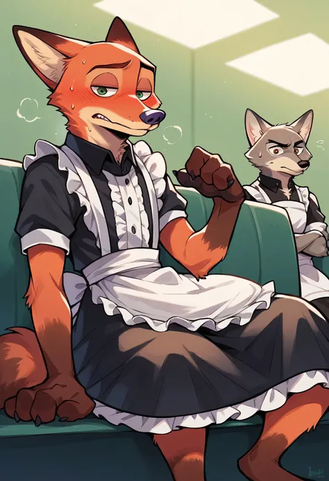 Nick Wilde, zootopia, male, furry, anthro, wolf, punk, embarrassed, sitting in public, wearing maid dress, canine sheath, looking down at viewer, sweating