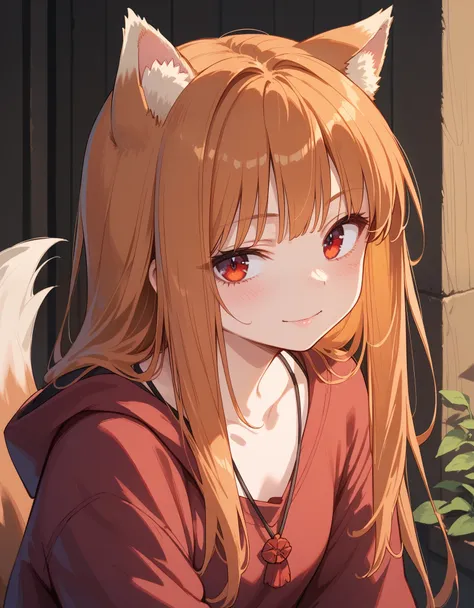 score_9, score_8_up, score_7_up, score_6_up, holo, 1girl, wolf ears, long hair, solo, red eyes, ginger hair, wolf tail,