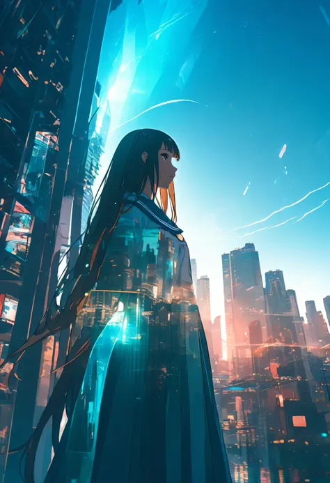 {worst quality, low-quality}, anime style, 1 girl in a sailor suit, long hair, monotony, moon, double exposure, cyberpunk city, ...