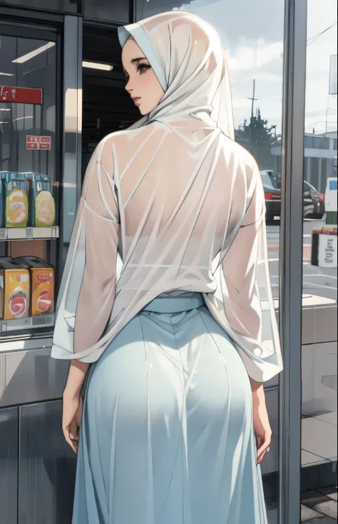 masterpiece, hyper-realistic, wet hijab, wet long shirt, wet long skirt, transparent, cloudy, grocery store front, no bra, light comes in from behind the clothes