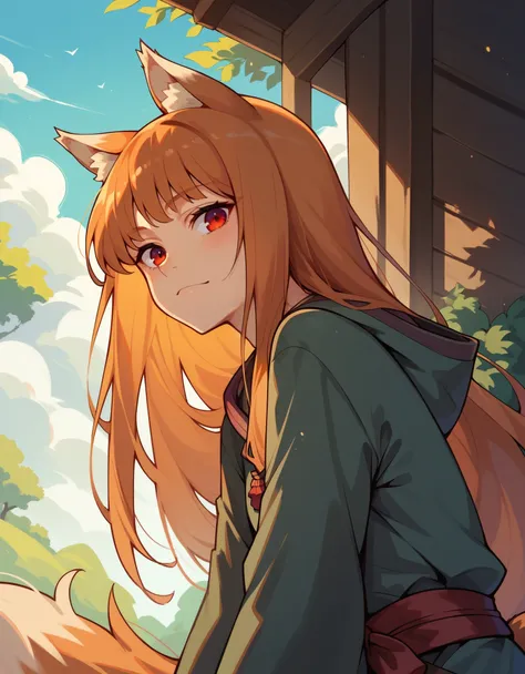 score_9, score_8_up, score_7_up, score_6_up, holo, 1girl, wolf ears, long hair, solo, red eyes, ginger hair, wolf tail,