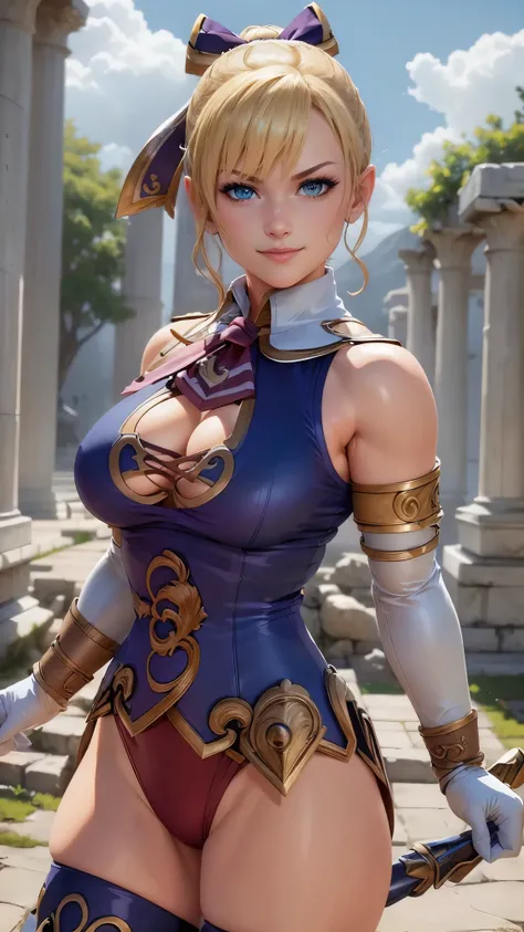 Cassandra Alexandra da Soul Calibur,(best qualityer,4K,8k,high resolution,work of art:1.2)(weather: cloudy), Mount Olympus background, greek temple, wide hips, thick thighs, short curly ponytail hair, blonde hair, sleeveless raincoat, micro shorts, thigh h...