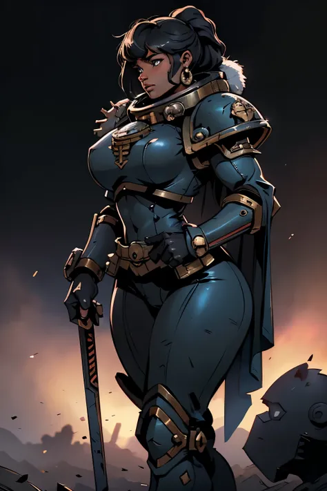 Space Marine woman from Warhammer 40k, (1 space marine girl, Warhammer 40k), space marine woman walking on a battlefield with grandeur, detailed art, high quality, 8k, hdr, ultra realistic, best quality, cold colors, (black girl, black female, curvy body)