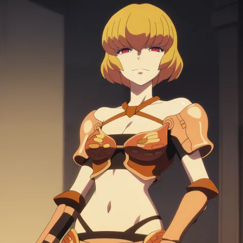 source_anime, (Anime), 1girl, Clementine, red eyes, Blond hair, short hair, solo, medium breasts, (great quality), (highly detailed), (official art), absurdres, high resolution, anime, depth of field, illustration, bikini armor, midriff, pauldrons, gauntle...