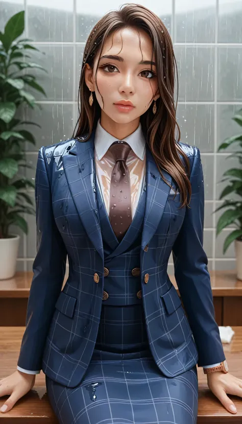 score_9, score_8_up, score_7_up, source_anime, hi res, masterpiece, best quality, highres, three-piece suit, 1girl, jewelry, formal, brown eyes, long hair, earrings, suit, lips, looking at viewer, white shirt, brown hair, buttons, plant, striped, necktie, ...