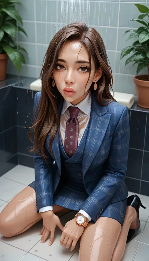 score_9, score_8_up, score_7_up, source_anime, hi res, masterpiece, best quality, highres, three-piece suit, 1girl, jewelry, formal, brown eyes, long hair, earrings, suit, lips, looking at viewer, white shirt, brown hair, buttons, plant, striped, necktie, ...