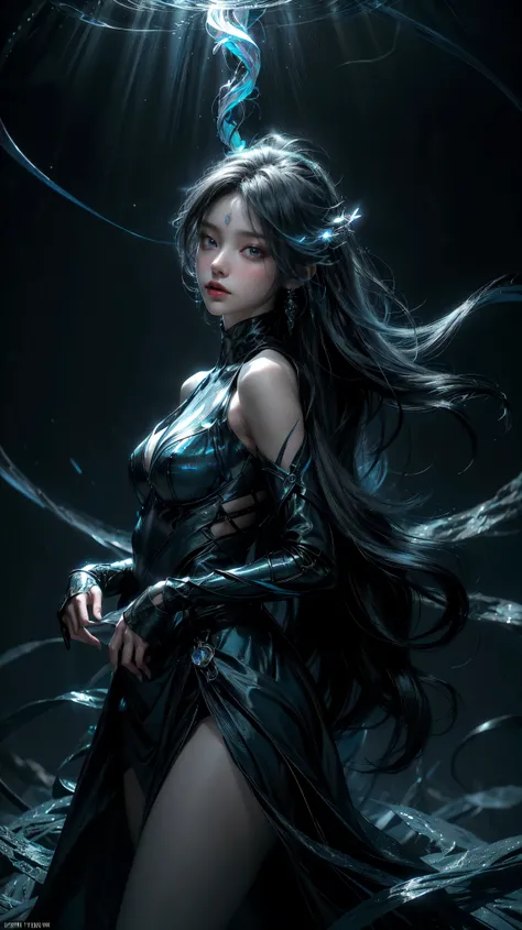 A photorealistic 3D artwork of a mesmerizing fairy with a striking black and electric blue theme. The fairys long, flowing hair is a deep, glossy black that seems to absorb light, creating a dramatic contrast against her luminous skin. Her eyes glow with a...