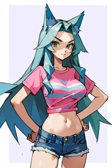 Masterpiece, Best quality, Masterpiece, Best quality, 1 woman, green eyes, Cat ears, Long blue hair with pink stripes, gray t-shirt , Sly face, Denim shorts, Belly, Big breasts, Long legs, Hands on hips