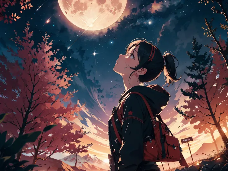 Vast landscape photography，（View from below、I can see the sky and the wilderness below.），Cute girl looking up into the sky at night，Exquisite character details，（full moon：1.2），（meteor：0.9），（Star Cloud：0.5），Fir Mountain，Treebreak Production Art，（Warm light ...