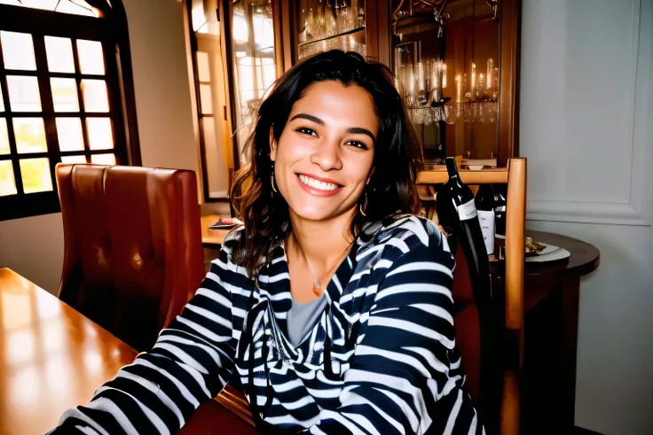 smiling woman sitting at a table with a glass of wine, sandra chevier, pillar, monica langlois, magda torres gurza, fernanda suarez, photo portrait, profile image, by Nándor Katona, Spontaneous portrait, Carola Rubio, Estefania Villegas Burgos, Deborah, po...