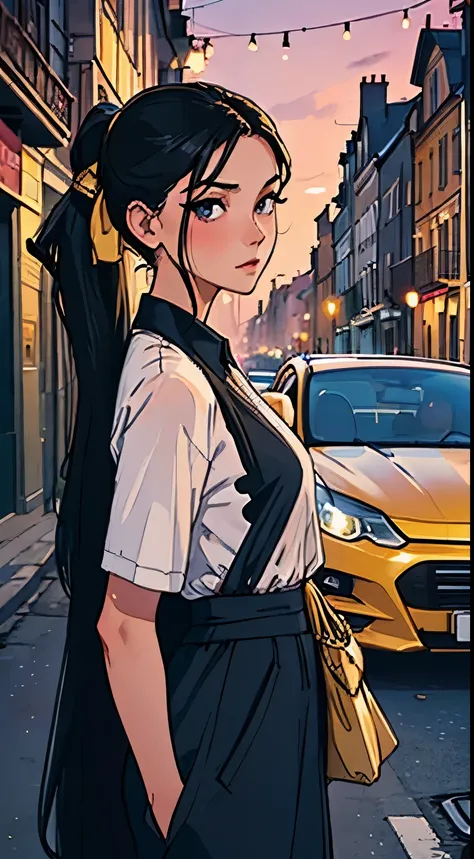 Amazing portrait of a sexy woman with a beautiful face and long black hair in a ponytail wearing a blue chiffon shirt with white baggy pants and posing seductively in a townscape road with French architecture buildings and a 18th century streetlight and a ...