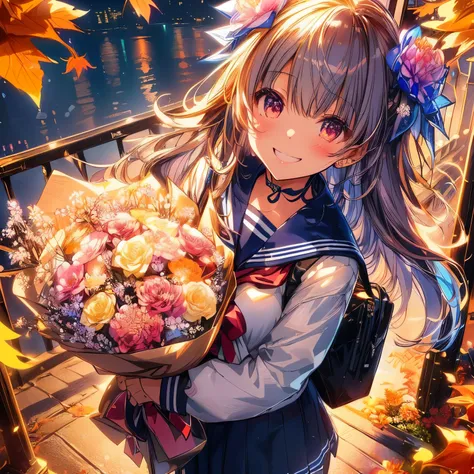 Detailed anime illustration of a high school girl, sailor suit, cardigan, bouquet of flowers, big smile, realistic autumn background, night view, neon glowing bouquet, masterpiece, best quality, extremely detailed CG unity 8k wallpaper,