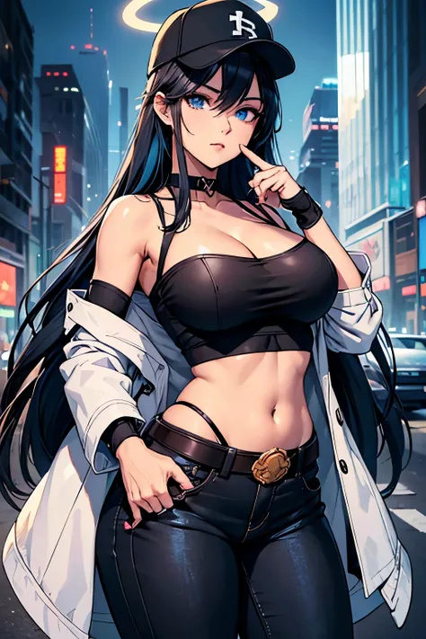 Saori, (best quality), (masterpiece), detailed, (illustration), woman, (long hair), (perfect navel), midriff, (hat), (off shoulder:1.1), (tight pants:1.1), (loose crop top:1.1), (sleeve shirt:1.1), (belt), (sleeveless), (black shirt), outdoor, (baseball ca...